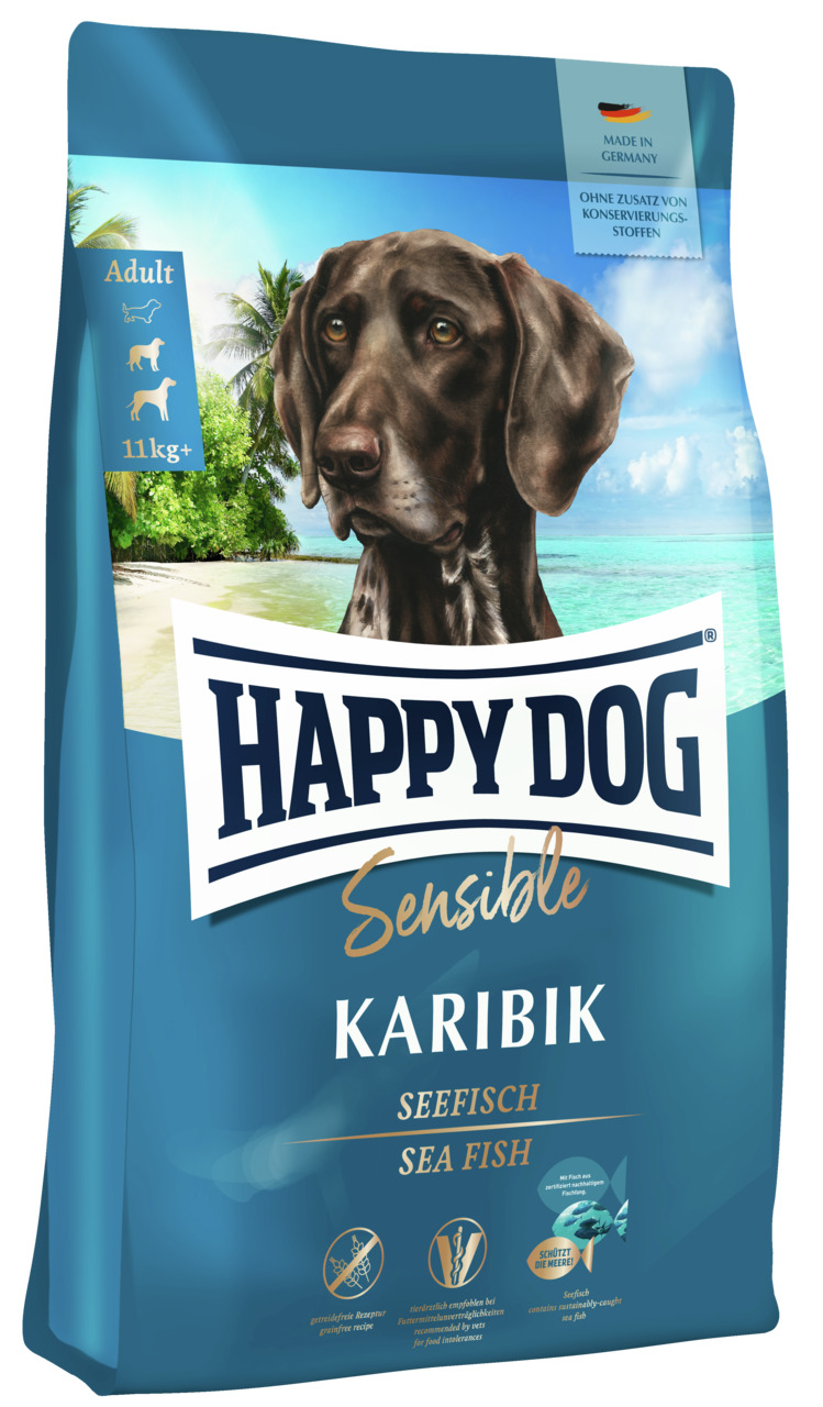 Happy Dog Sensible Karibik, Seefisch, für ausgewachsene Hunde ab 11 kg, getreidefrei, ideal für ernährungssensible Hunde.
