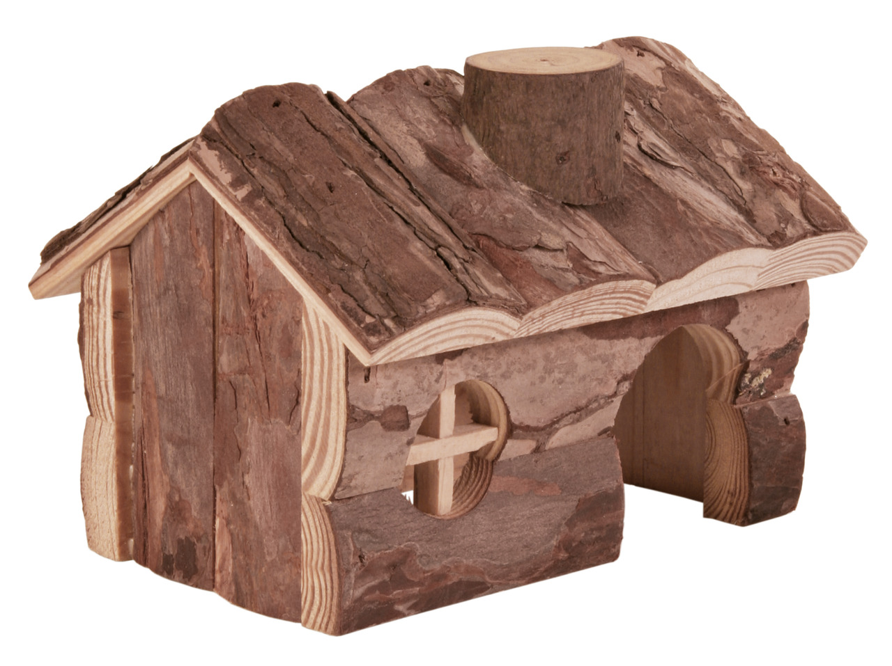 Das Bild zeigt das TRIXIE Naturholz-Haus für Kleintiere, geeignet für Hamster, Mäuse und andere kleine Nager. Das Haus besteht aus unbehandeltem Holz mit einer natürlichen Rindenoptik und verfügt über einen Eingang, ein Fenster und ein flaches Dach. Es bi