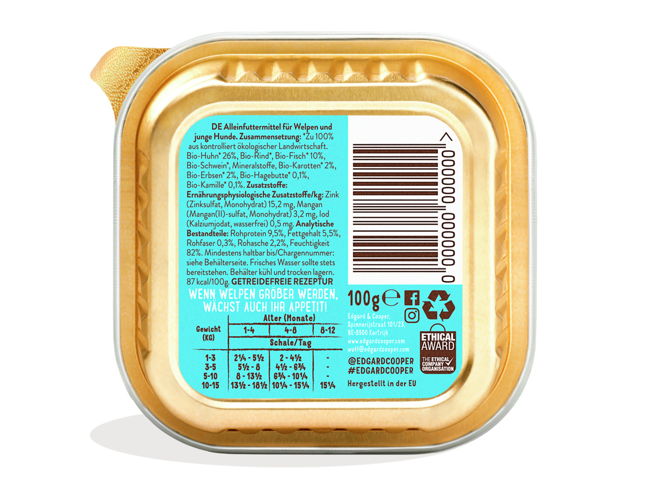 Edgard & Cooper Hundefutter für Welpen/junge Hunde, getreidefrei, Bio-Huhn/Rind/Fisch, 100 g, nachhaltig & umweltfreundlich.