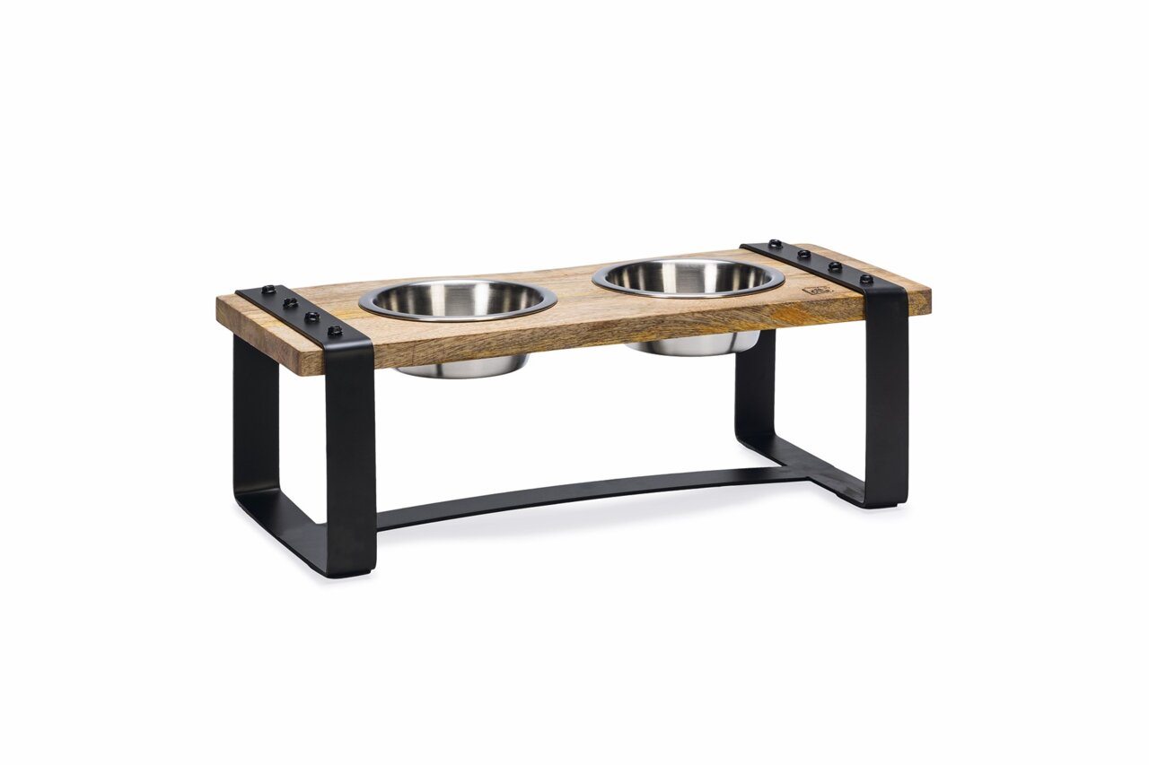 Designed by Lotte" Futterstation für Hunde, Holzgestell, Metallrahmen, 2 Edelstahlnäpfe, stilvoll, ideal für moderne Wohnräume.;;;;;;;;;;;;;;;;;;;;