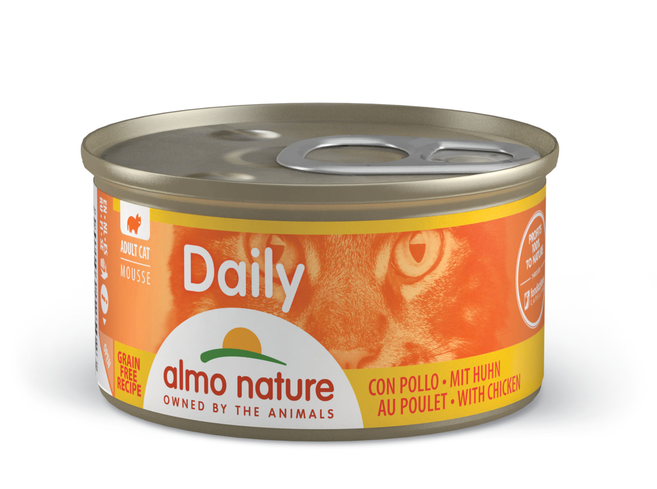 Almo Nature Daily Katzenfutter, erw. Katzen, mit Huhn, getreidefrei, 85 g.