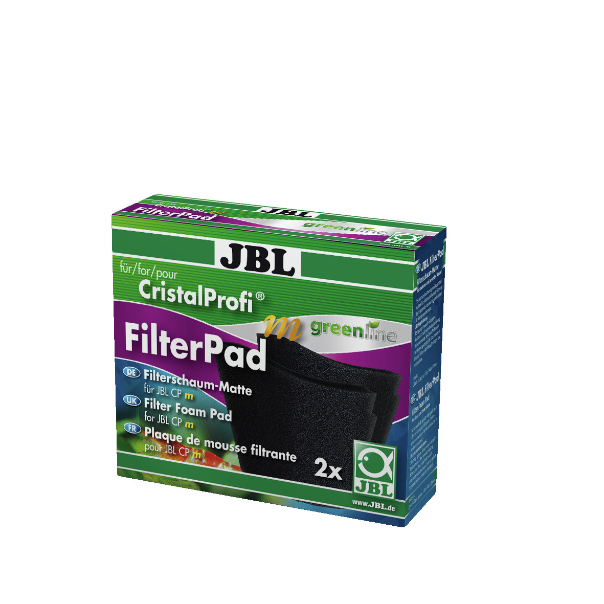 Das Bild zeigt die Verpackung des Produkts „JBL CristalProfi FilterPad m greenline“. Es handelt sich um Filtermatten für Aquarienfilter, speziell für das Modell JBL CristalProfi m. Die Zielgruppe sind Aquarienbesitzer. Die Verpackung enthält 2 Filtermatte