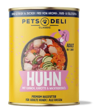 Pets Deli Classic Nassfutter, Hund ab 1 J., Huhn+Quinoa, Karotte, Nachtkerzenöl, getreidefrei, ohne Zucker/Aroma/Farb-/Füllstoffe.