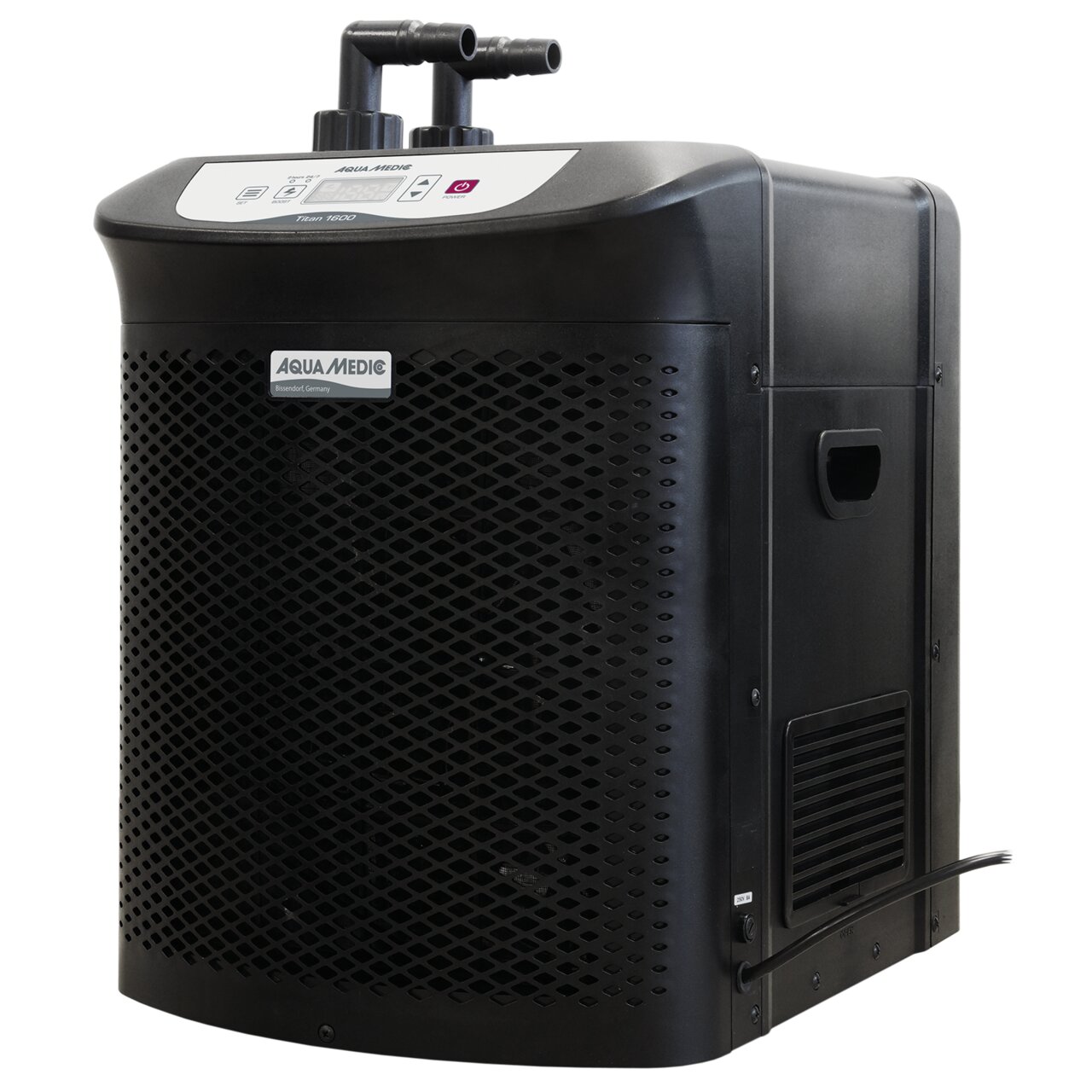 Aqua Medic Titan 1500: Aquariumkühler für Meer-/Süßwasser, bis 1500L, präzise Kühlung, modernes Design, Bedienfeld, 2 Anschlüsse.