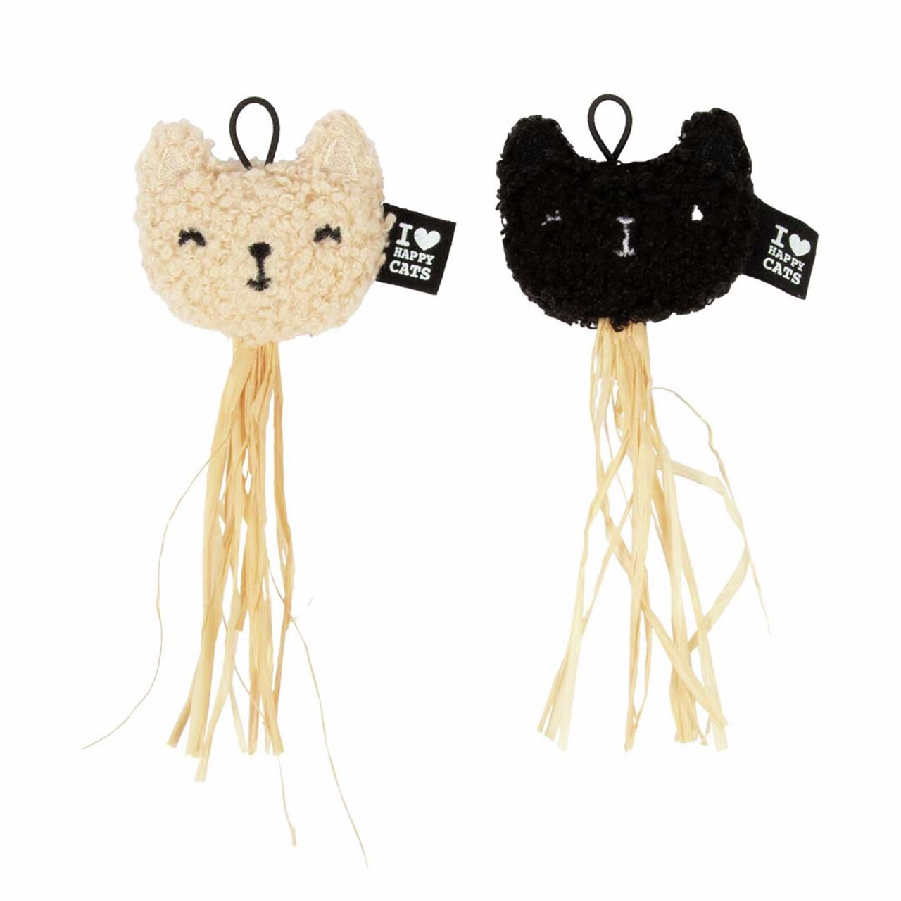 Zwei Katzenspielzeuge von D&D in Beige und Schwarz mit Fransen, geeignet für Katzen. Aufschrift: "I love happy cats".