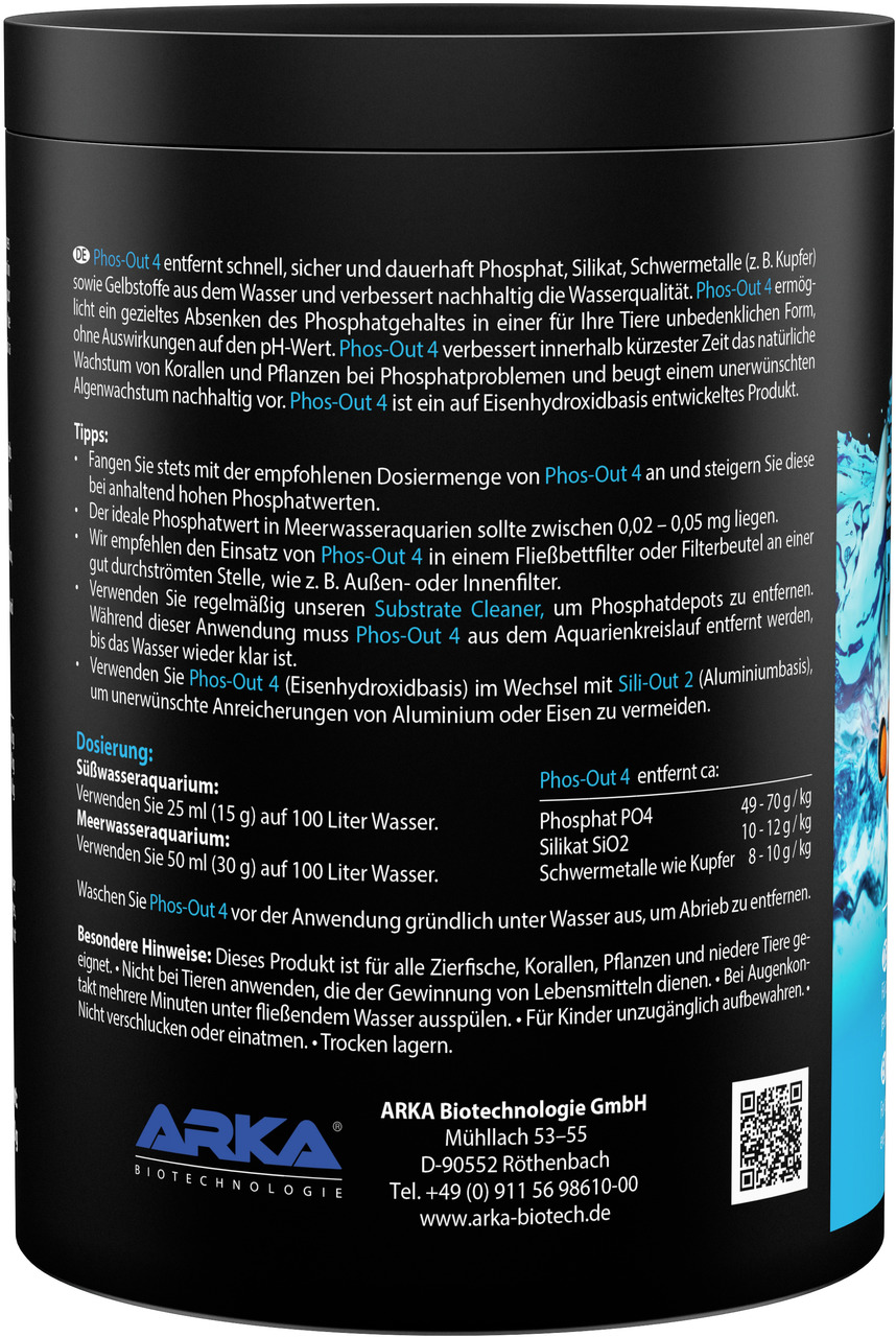 ARKA Phos-Out 4, Wasseraufbereitungsmittel f. Süß-/Meerwasseraquarien, entfernt Phosphat/Silikat, schnelle & sichere Wirkung.