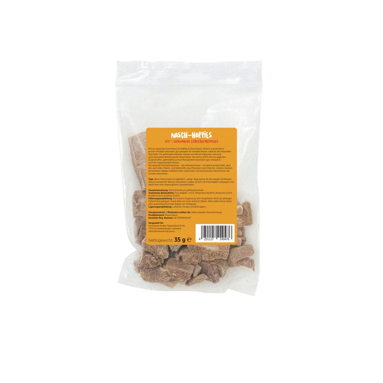 MINCAS HÄPPCHEN Nasch-Happies für Katzen, Geschmack: Entenbrust, getreidefrei, 35 g Beutel, proteinreicher Snack.