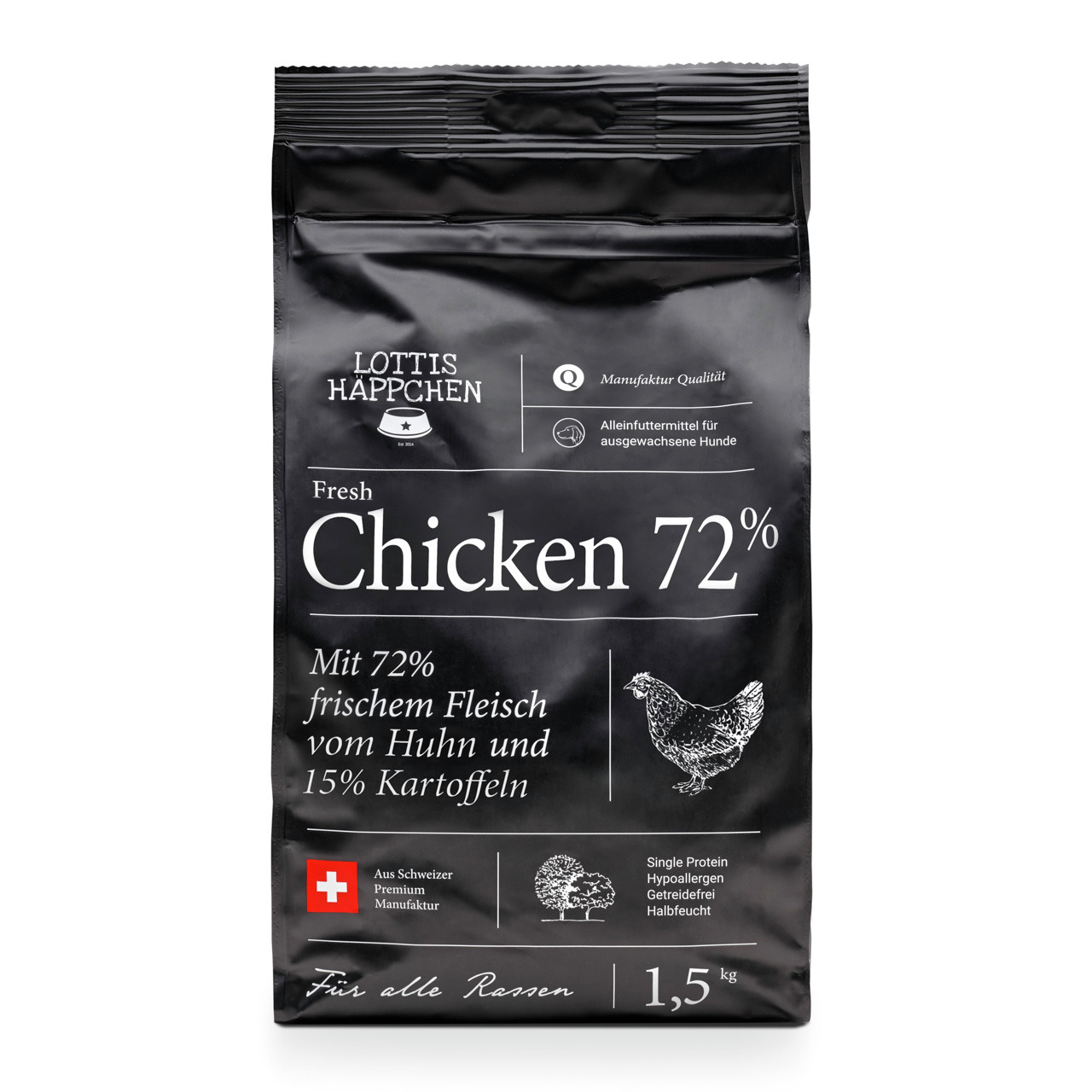 Das Bild zeigt eine schwarze Verpackung des Hundefutters „Lottis Häppchen Fresh Chicken 72%“. Es handelt sich um ein Alleinfuttermittel für ausgewachsene Hunde aller Rassen. Die Rezeptur enthält 72% frisches Hühnerfleisch und 15% Kartoffeln. Die Verpackun