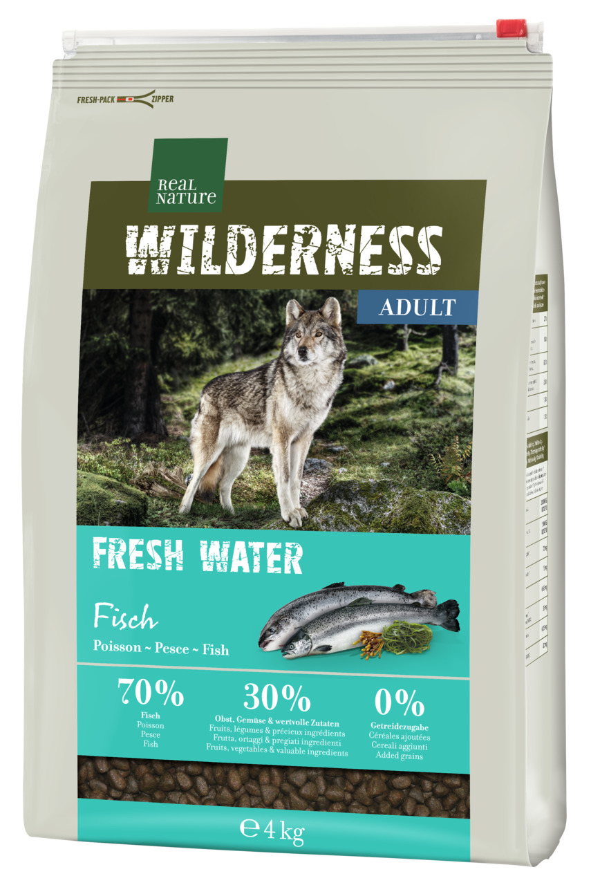 REAL NATURE WILDERNESS Fresh Water Adult, 4 kg, Fischgeschmack, für ausgewachsene Hunde, 70 % Fisch, 0 % Getreide.