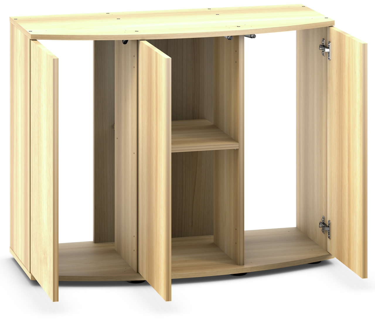 Ein Holzunterschrank der Marke JUWEL, Modell SBX Rio 180, speziell entworfen für Aquarien. Der Schrank ist in heller Holzoptik gehalten und verfügt über vier Türen, die Stauraum für Zubehör bieten. Die robuste Konstruktion sorgt für Stabilität, ideal für 