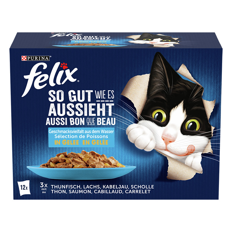 Das Bild zeigt eine Verpackung des Katzenfutters "Felix So gut wie es aussieht" von Purina. Es handelt sich um eine Geschmacksvielfalt aus dem Wasser in Gelee, geeignet für Katzen. Enthalten sind 12 Portionen à 3x Thunfisch, Lachs, Kabeljau und Scholle. D