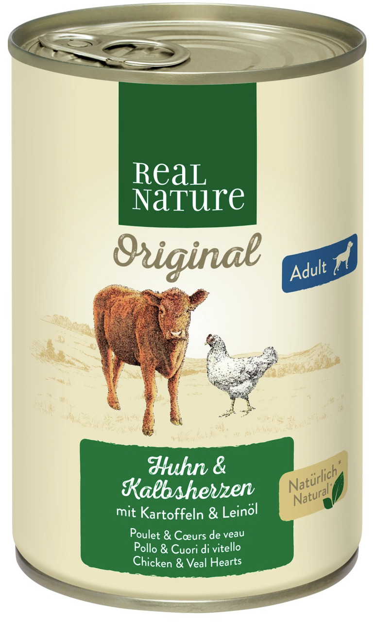 Real Nature Original Hundefutter, erw. Hunde, Huhn & Kalbsherzen, Kartoffeln & Leinöl, 400 g, natürl., ohne künstl. Zusätze.