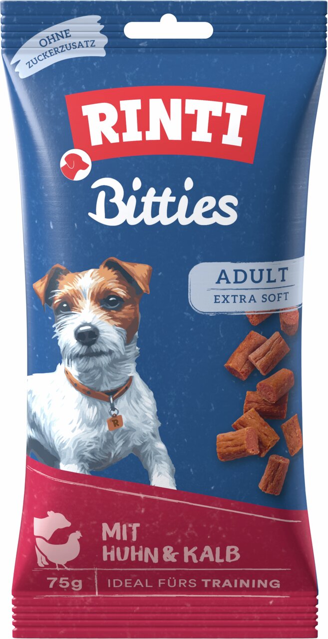 RINTI Bitties Adult Extra Soft, Hundesnack mit Huhn & Kalb, ohne Zuckerzusatz, ideal für Training, 75g-Packung.