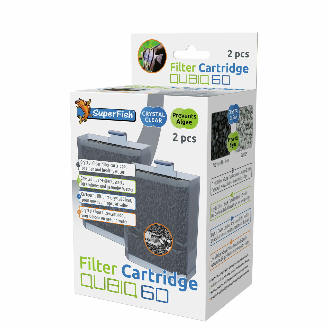 Das Bild zeigt die Verpackung der SuperFish Filter Cartridge QubiQ 60, einer Filterkartusche für Aquarien. Die Zielgruppe sind Aquarienbesitzer, die sauberes und gesundes Wasser für ihre Fische wünschen. Die Packung enthält zwei Stück und verspricht krist