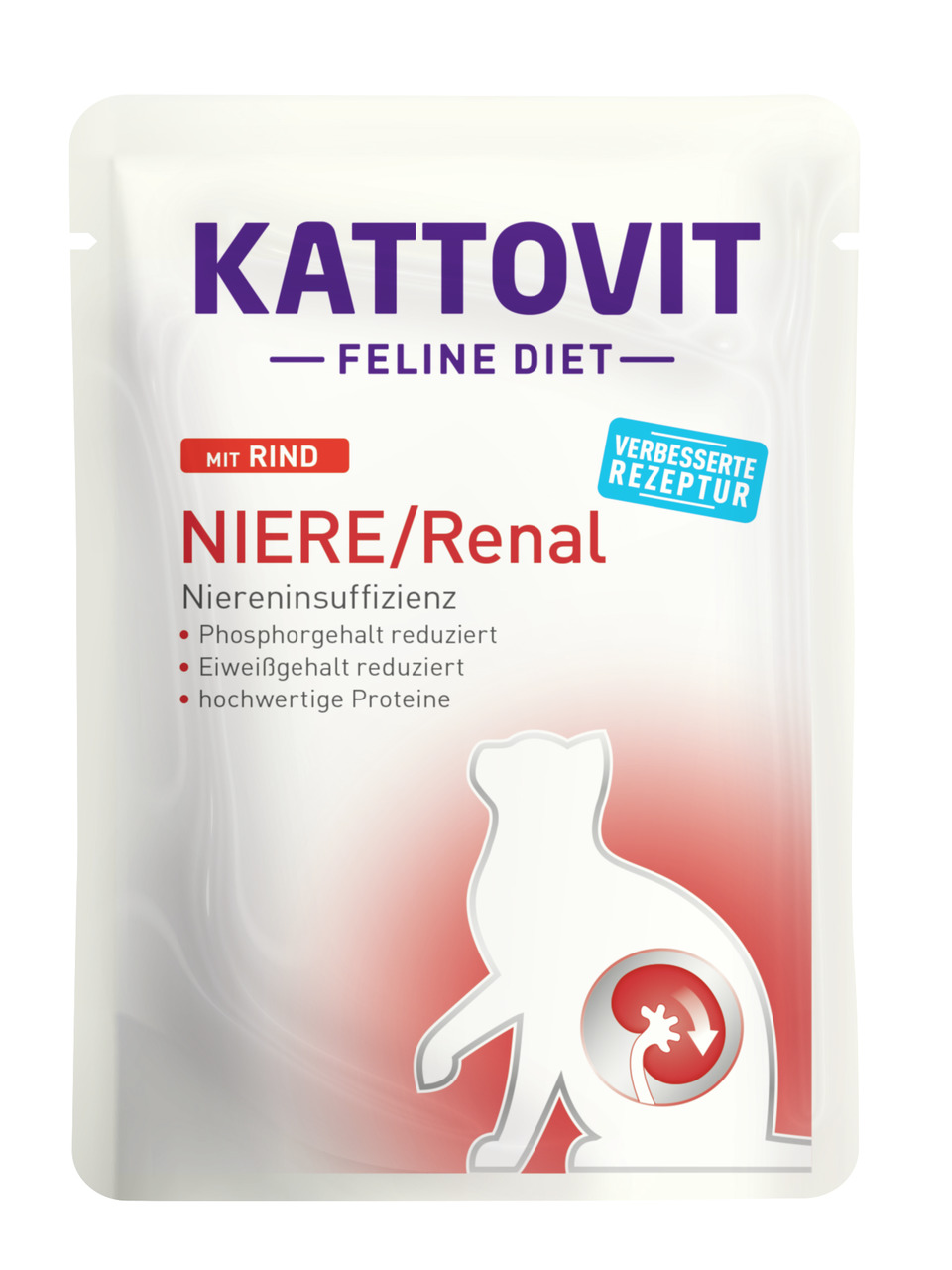 Kattovit Feline Diet Niere-Renal, Rind, Katzen mit Niereninsuffizienz, phosphor--eiweißreduziert, 85 g, „Verbesserte Rezeptur“.