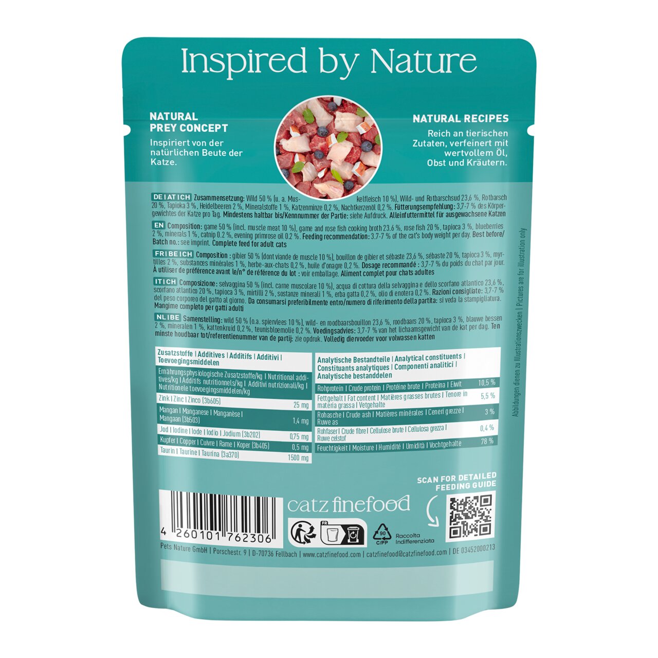 Rückseite von Catz finefood Pouch, Katzenfutter für Katzen, Geschmacksrichtung Wild & Huhn, 85 g, inspiriert von der natürlichen Beute.