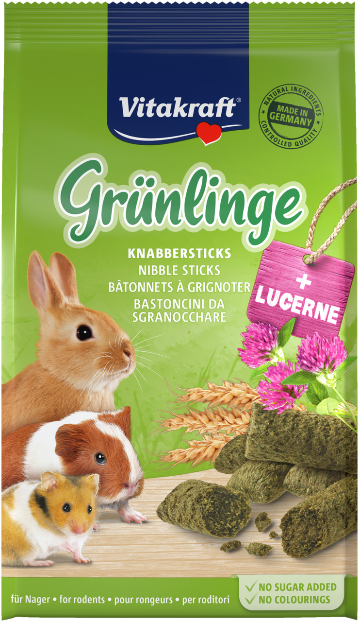 Vitakraft Grünlinge Knabbersticks für Kleintiere (Kaninchen, Meerschweinchen, Hamster), Luzerne, 100% nat., zuckerfrei, ohne Farbstoffe.