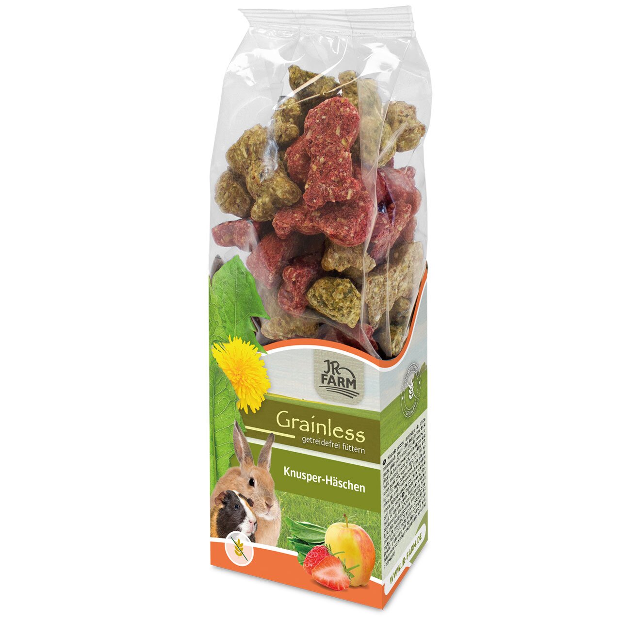 JR FARM Grainless Knusper-Häschen, getreidefreier Snack für Kaninchen, Erdbeer-Apfel-Geschmack, 140 g.