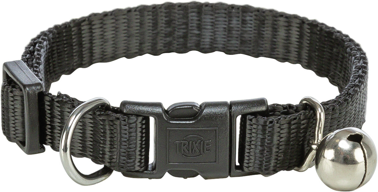 Schwarzes Katzenhalsband der Marke TRIXIE mit Glocke, geeignet für Katzen. Das Halsband besteht aus strapazierfähigem Nylon, ist größenverstellbar und mit einem Sicherheitsverschluss ausgestattet. Die silberne Glocke dient dazu, die Katze hörbar zu machen