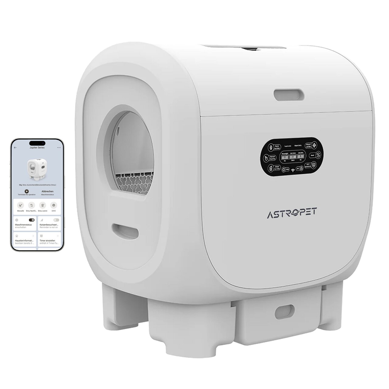 Automatische Katzentoilette Astropet Jupiter, geeignet für Katzen, mit App-Steuerung, weiße Farbe, modernes Design.