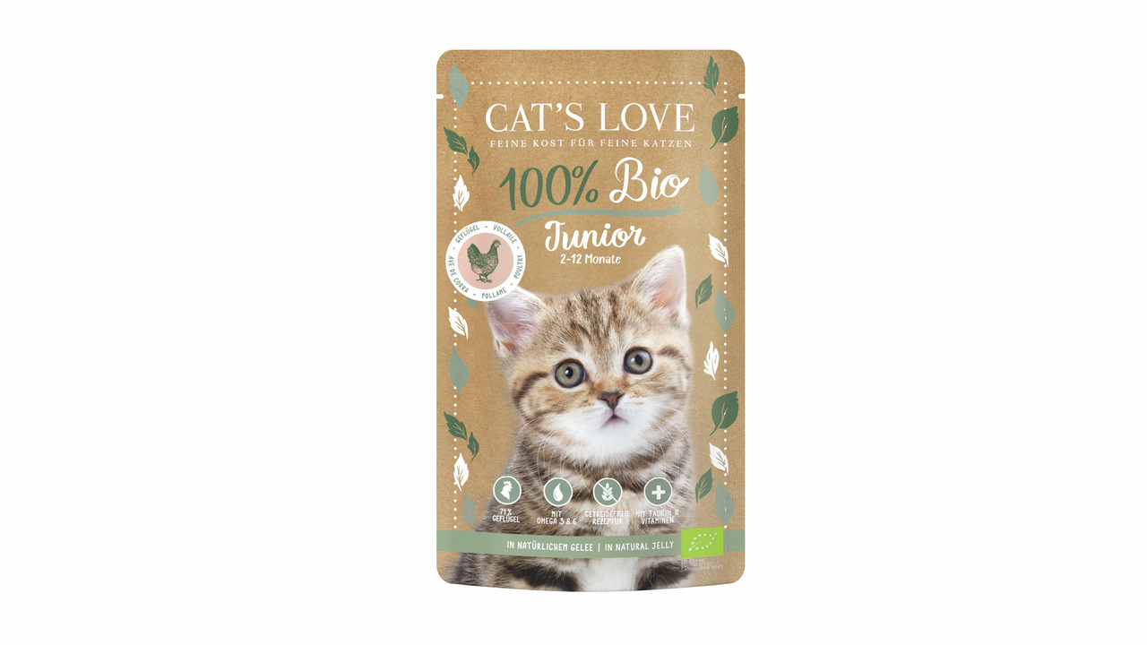 Das Bild zeigt eine braune Verpackung des Katzenfutters „Cat's Love 100% Bio Junior“ für junge Katze