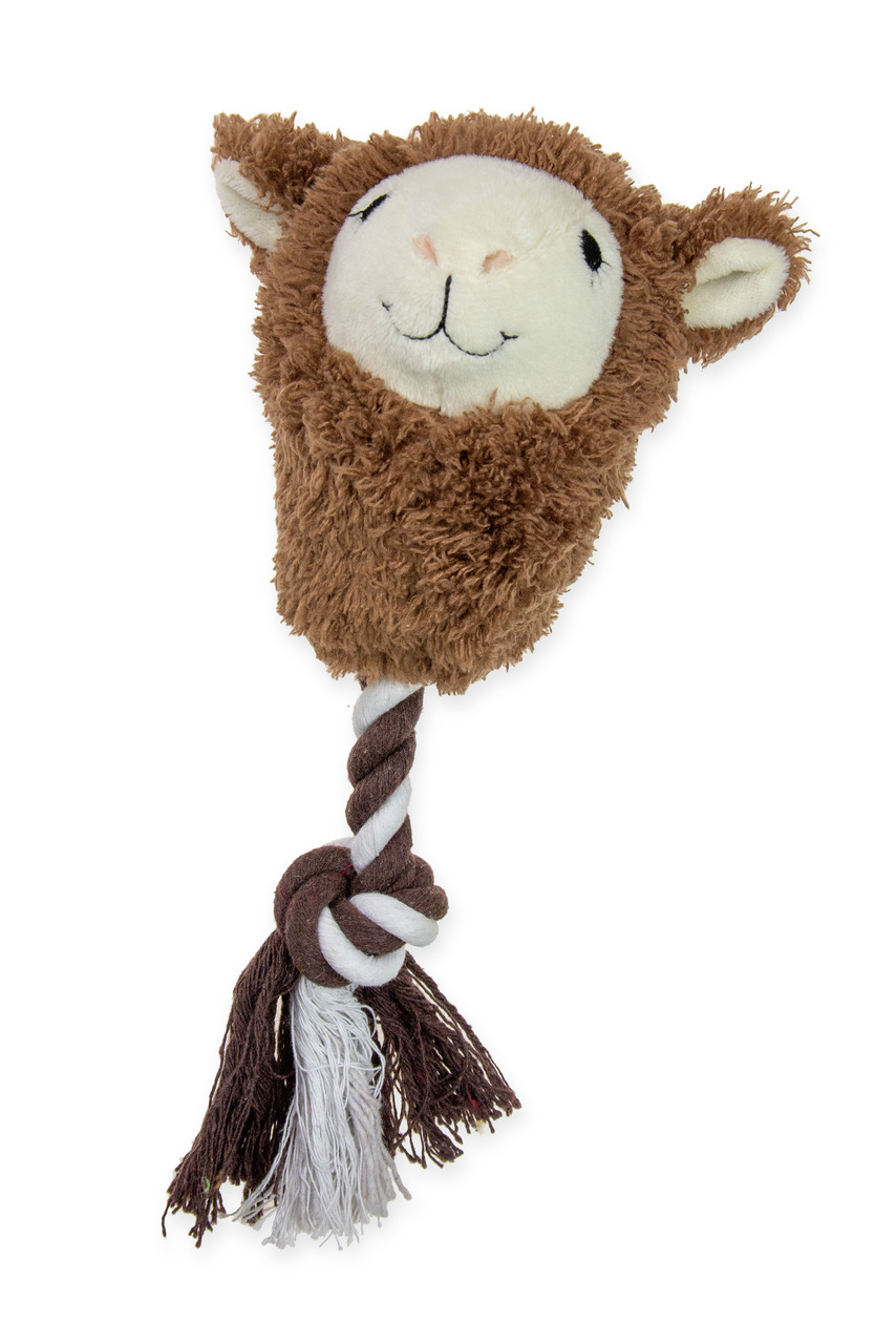 Karlie Hundespielzeug: Plüsch-Schafkopf mit braunem Fell, weißem Detail & Seil für Zerrspiele.