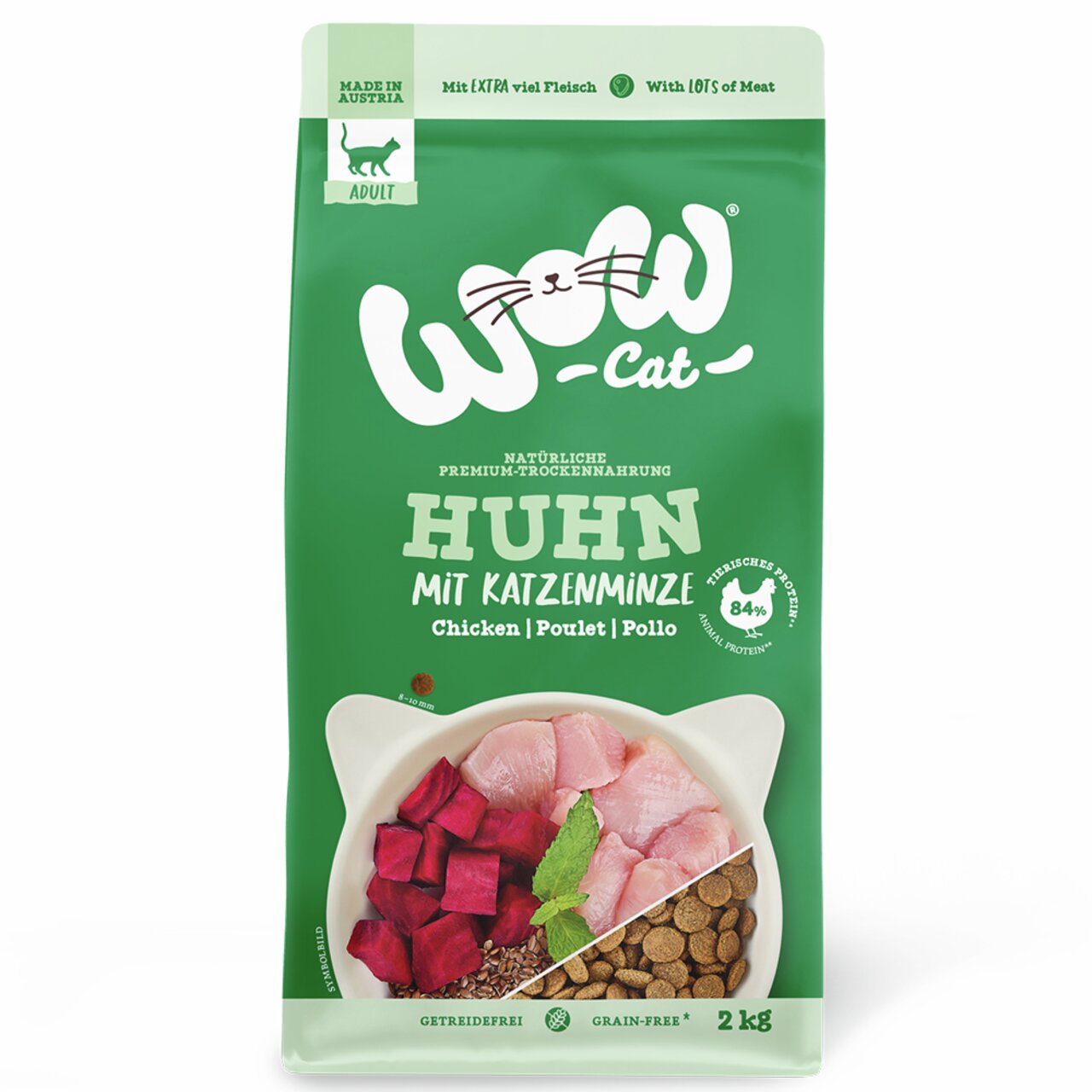 WOW Cat Trockenfutter Huhn mit Katzenminze für erwachsene Katzen, 2 kg, getreidefrei, 84 % tierisches Protein, made in Austria.