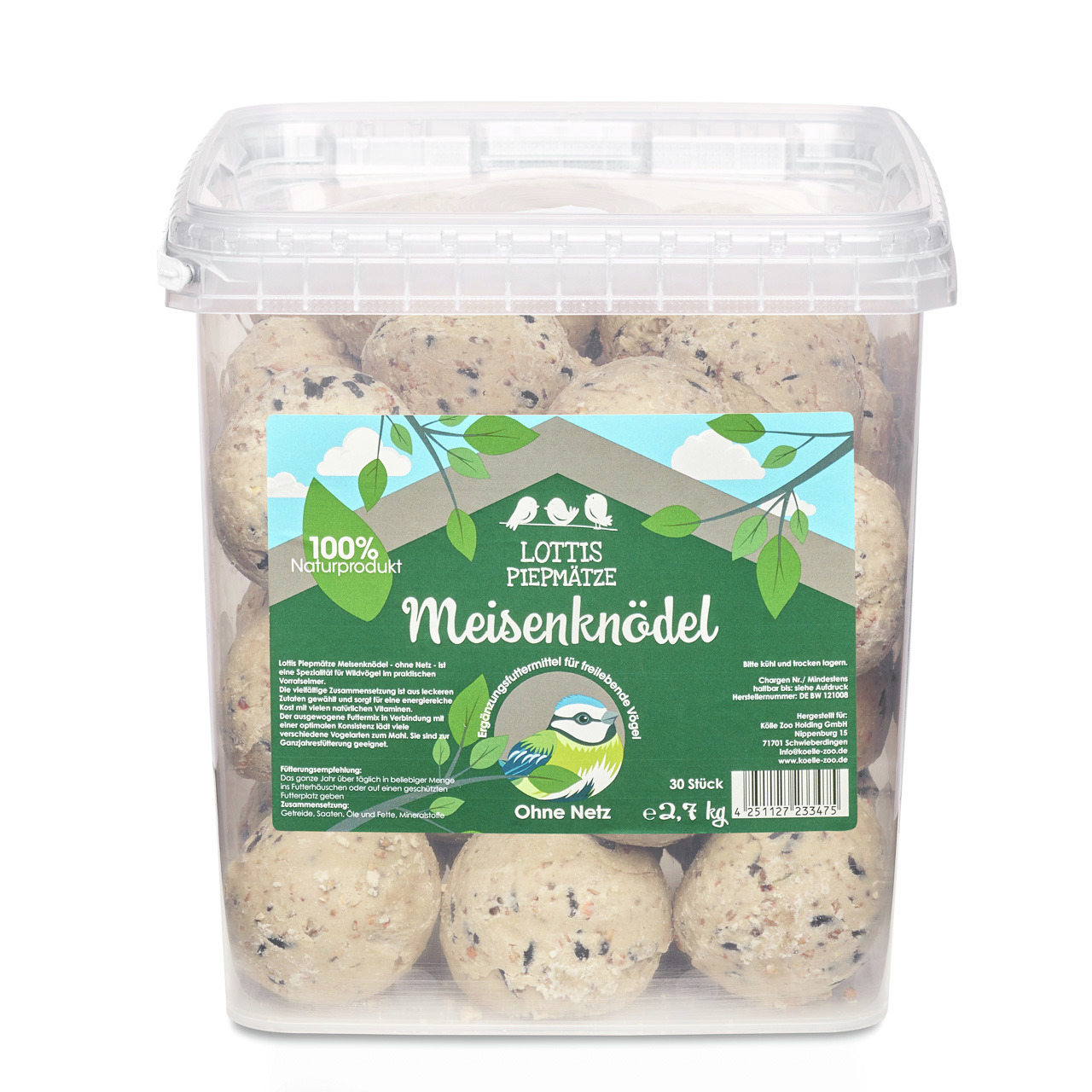 Lottis Piepmätze Meisenknödel, 30 Stk., 2,7 kg, für freilebende Vögel, 100% Naturprodukt, umweltfreundlich, ohne Netz.