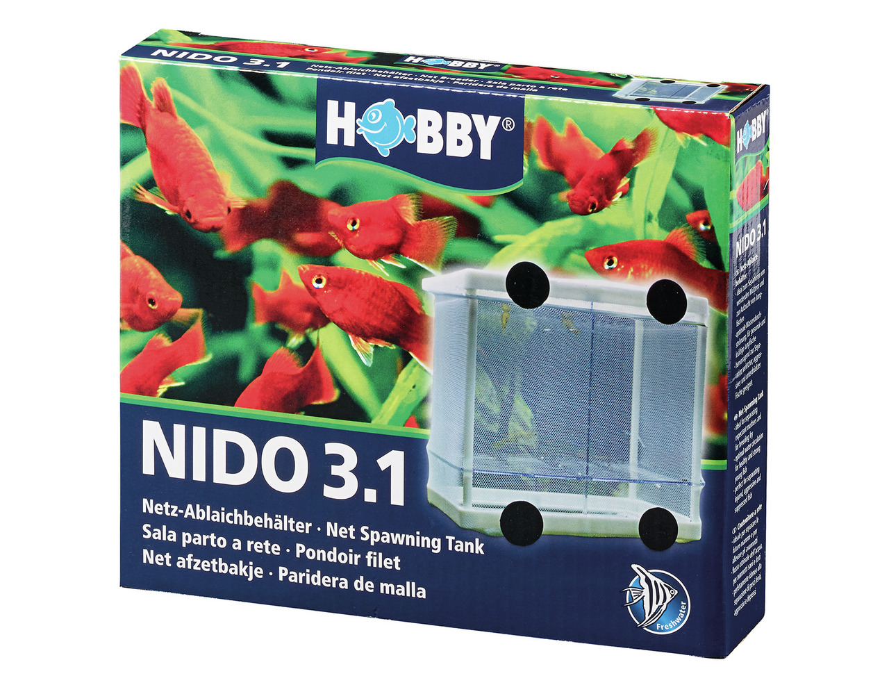 Das Bild zeigt die Verpackung des Produkts "HOBBY Nido 3.1", einem Netz-Ablachbehälter für Aquarien. Zielgruppe sind Aquarienbesitzer, insbesondere für die Zucht von Fischen. Die Verpackung zeigt rote Fische vor grünem Hintergrund und das Produkt mit Saug