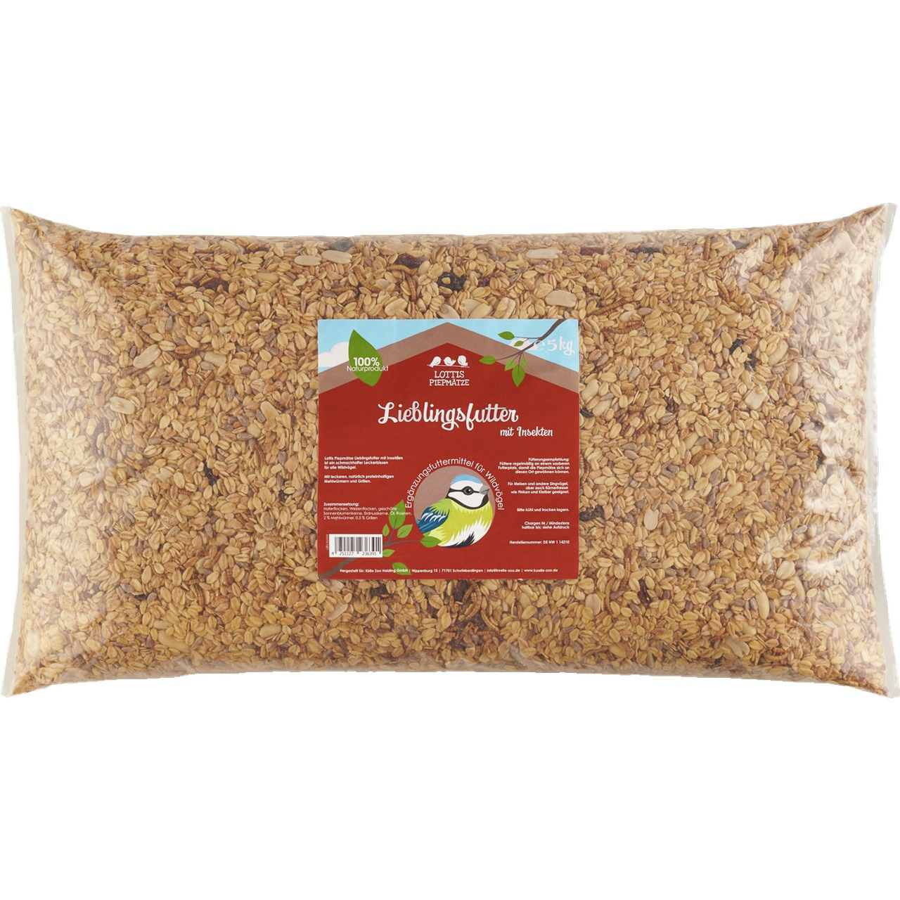 Das Bild zeigt eine transparente Verpackung mit 5 kg Vogelfutter der Marke "Lottis Piepmätze". Das Produkt trägt den Namen "Lieblingsfutter mit Insekten" und ist speziell für Wildvögel geeignet. Die Verpackung hebt hervor, dass das Futter zu 100 % natürli