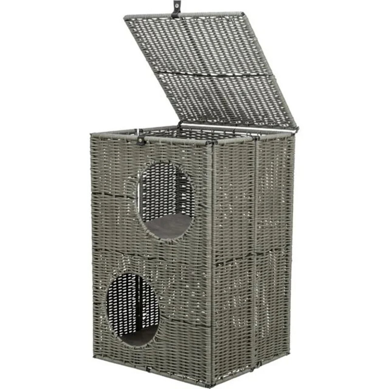 Geflochtene Katzen-Höhle von TRIXIE aus Rattan, für Katzen, mit zwei Eingängen, Deckel und gemütlicher Liegefläche.
