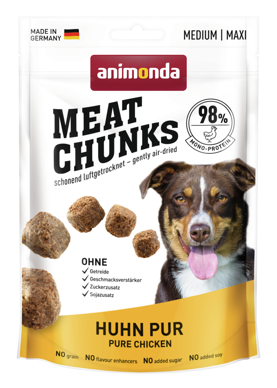 Das Bild zeigt eine Verpackung des Produkts „animonda Meat Chunks Huhn Pur“, ein luftgetrockneter Hundesnack für mittelgroße bis große Hunde (Medium | Maxi). Die Geschmacksrichtung ist Huhn, mit 98 % Monoprotein. Die Verpackung betont, dass das Produkt oh