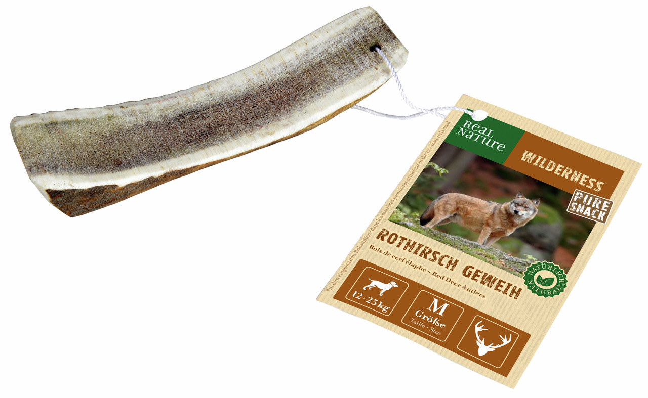 REAL NATURE Wilderness Rothirsch Geweih, Kausnack f. Hunde (12–25 kg), natürl., Zahnpflege, lange Beschäftigung, Wolfsmotiv, "Pure Snack".