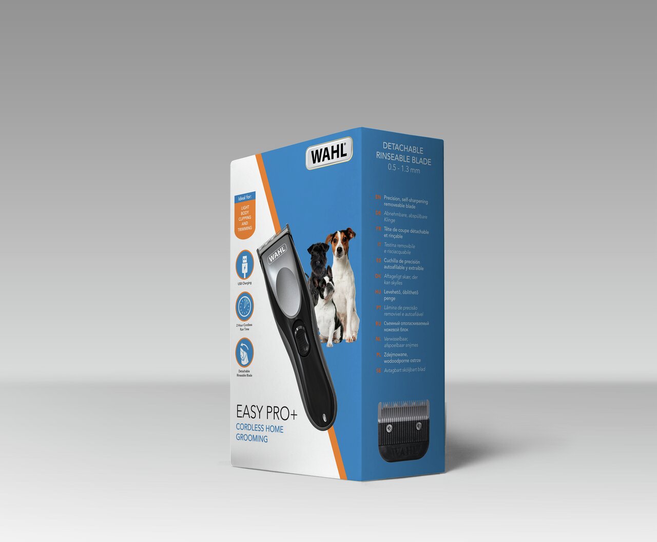 Wahl Easy Pro+ kabelloser Trimmer für Hunde, ideal für Fellpflege, abnehmbare Klinge (0,5–1,3 mm), mit Ladefunktion.
