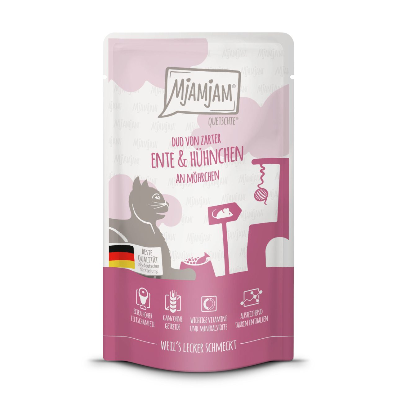 Mjamjam Quetschie Duo Ente & Hühnchen an Möhrchen, Katzen, hoher Fleischanteil, ohne Getreide, Vitamine, Taurin, dt. Qualität.