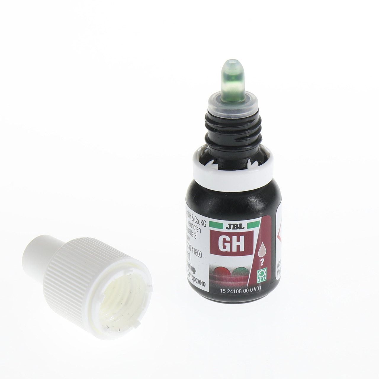 JBL GH-Test, 10 ml, für Aquaristik-Enthusiasten, misst Gesamthärte des Wassers, kleine schwarze Flasche mit grüner Tropfspitze.