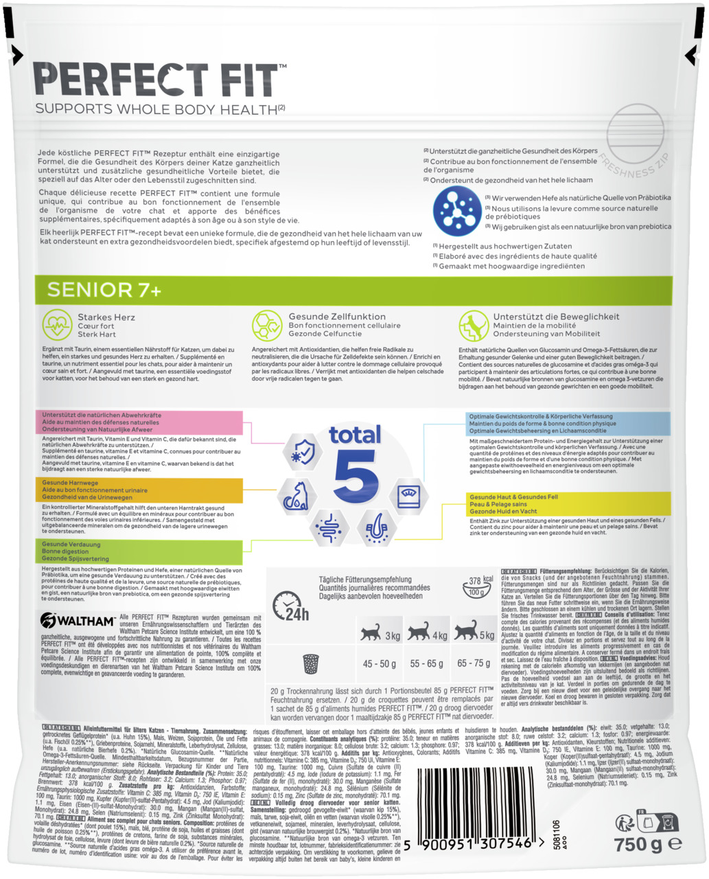 Perfect Fit Senior 7+, Katzenfutter für ältere Katzen (7+), 750 g, 5 gesundheitl. Vorteile: starkes Herz, gesunde Zellen, Beweglichkeit.