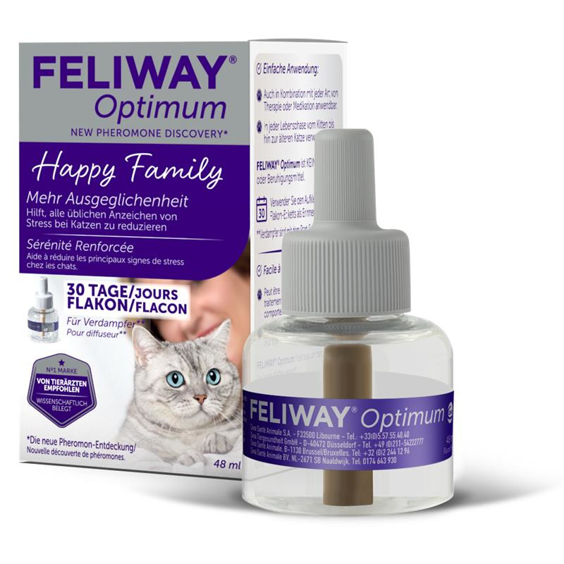 Das Bild zeigt das Produkt "Feliway Optimum" der Marke Feliway, ein Pheromon-Diffusor für Katzen. Es ist speziell für gestresste Katzen entwickelt, um Anzeichen von Stress zu reduzieren und mehr Ausgeglichenheit zu fördern. Abgebildet ist ein 48-ml-Flakon