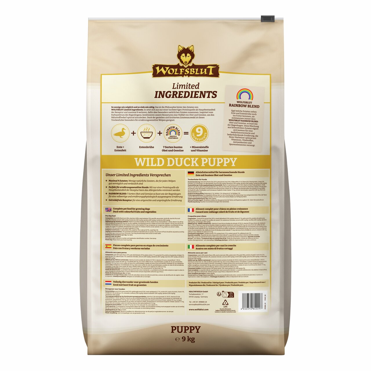 WOLFSBLUT Wild Duck Puppy Hundefutter für Welpen mit Ente, 9 kg, getreidefrei, Limited Ingredients, mit Vitaminen und Gemüse.