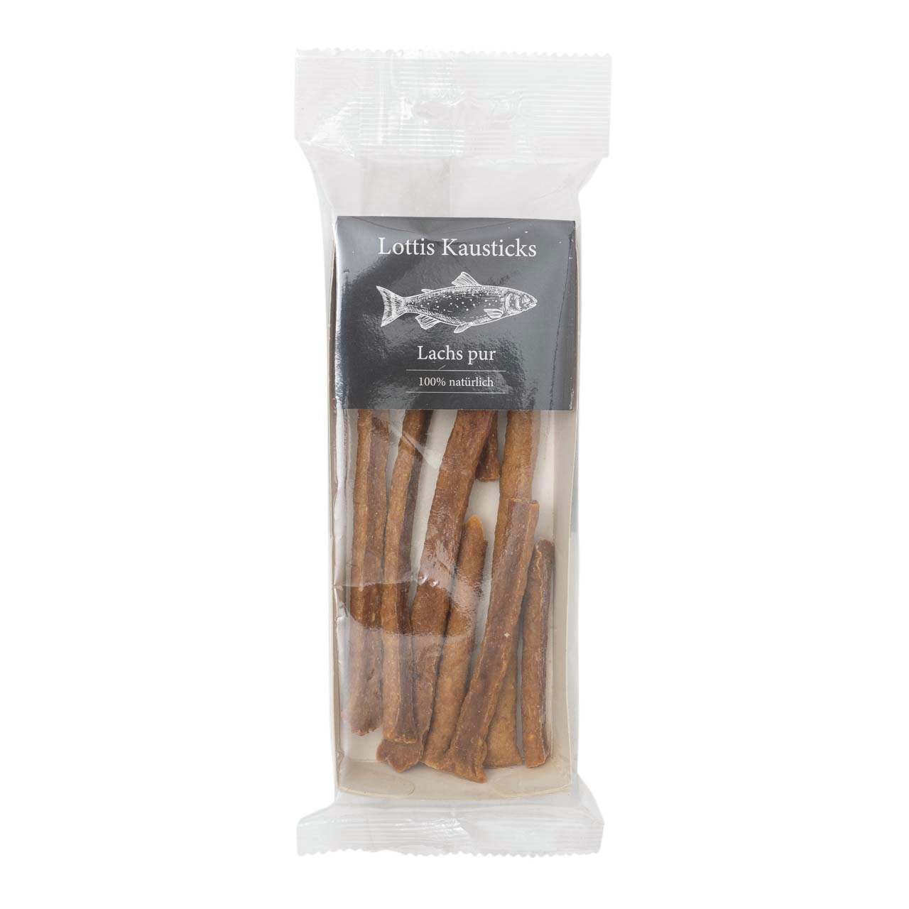 Das Bild zeigt eine transparente Verpackung mit der Aufschrift „Lottis Kausticks – Lachs pur – 100% natürlich“. Enthalten sind längliche Kausticks aus Lachs, die speziell für Hunde geeignet sind. Die Marke „Lottis Häppchen“ bietet hier ein natürliches Pro