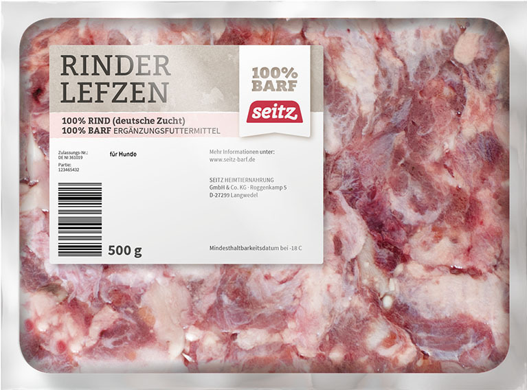 Seitz Rinder Lefzen, Ergänzungsfuttermittel für Hunde, 500 g, 100 % Rindfleisch, BARF-geeignet, aus deutscher Zucht.
