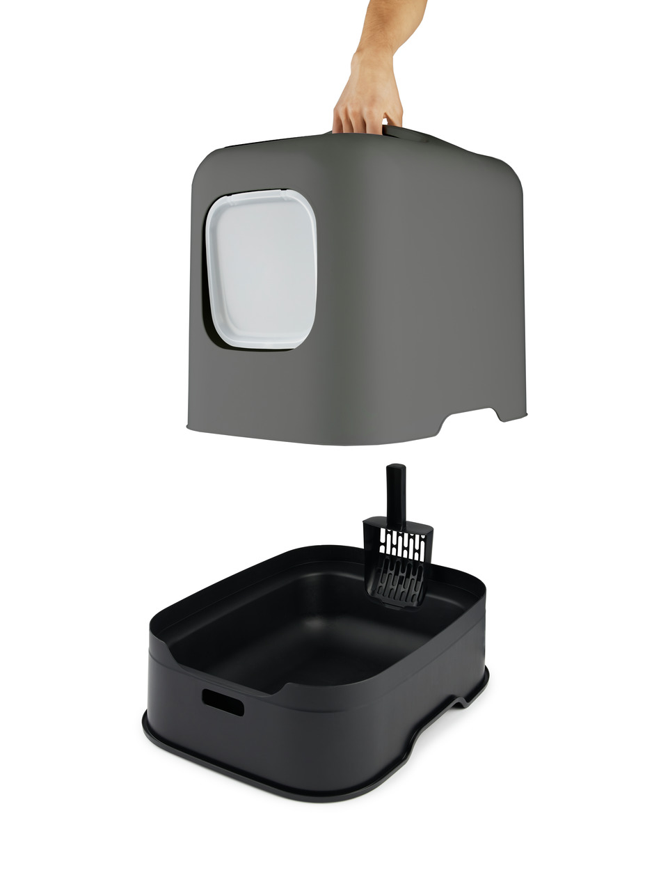 Rotho Katzentoilette Berty, dunkelgrau, f. Katzen, mit Haube, Tragegriff, Streuschaufel, hygienisch & diskret, geräumige Unterschale.