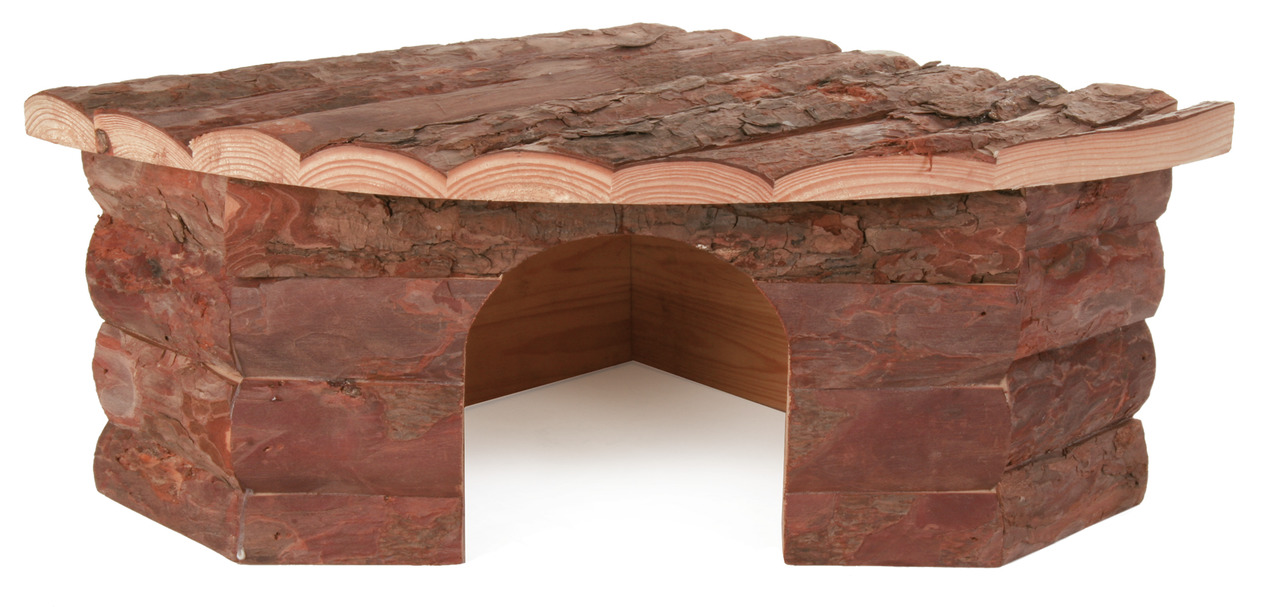 Ein hölzernes Eckhaus der Marke TRIXIE, speziell für Kleintiere wie Hamster oder Meerschweinchen. Das Naturholzhaus hat eine gewölbte Dachform mit Rindenoptik und bietet einen gemütlichen Rückzugsort. Ideal für artgerechte Haltung. Maße und Menge sind auf