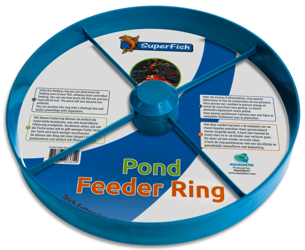 SuperFish Pond Feeder Ring für Teichfische: kontrollierte Fütterung, weniger Futterverlust/Verschmutzung. Zielgruppe: Teichbesitzer.