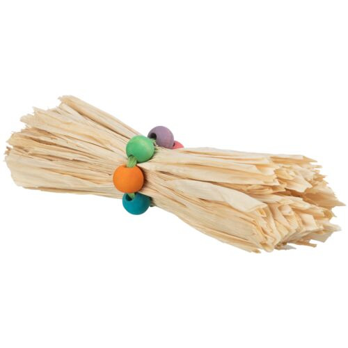 Ein Bündel aus natürlichem Holzmaterial, dekoriert mit bunten Holzperlen, von der Marke TRIXIE. Geeignet für Kleintiere wie Kaninchen oder Meerschweinchen, ideal zum Knabbern und Spielen. Fördert die Zahnpflege und Beschäftigung. Abgebildet ist eine handl