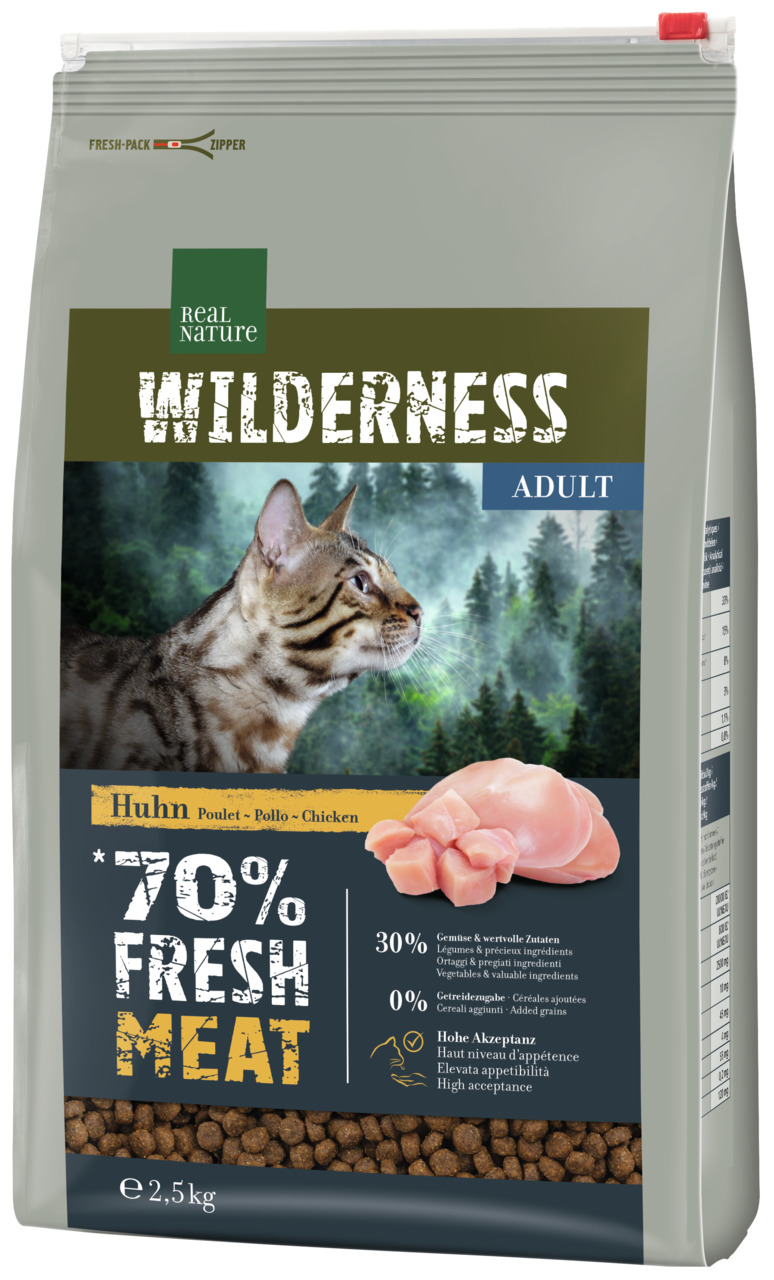 REAL NATURE WILDERNESS Adult Huhn, für ausgew. Katzen, 70 % Huhn, getreidefrei, 30 % Gemüse, 2,5 kg, hohe Akzeptanz.