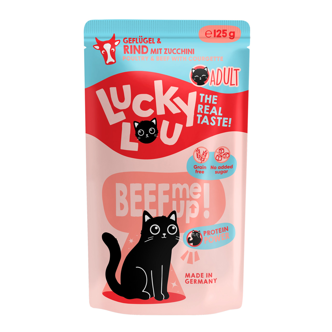 Lucky Lou – Beef Me Up! Katzenfutter, erw. Katzen, Geflügel & Rind mit Zucchini, 125 g, getreidefrei, ohne Zucker, hoher Proteingehalt.