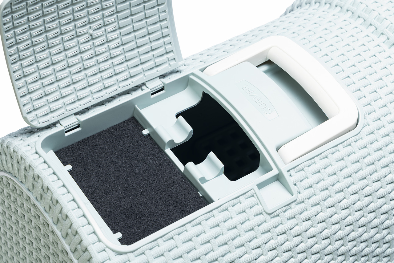 Curver Katzentoilette, hellblau, Rattan-Design, mit Filter gg. Gerüche, ergonom. Griff, ideal für Katzenbesitzer.