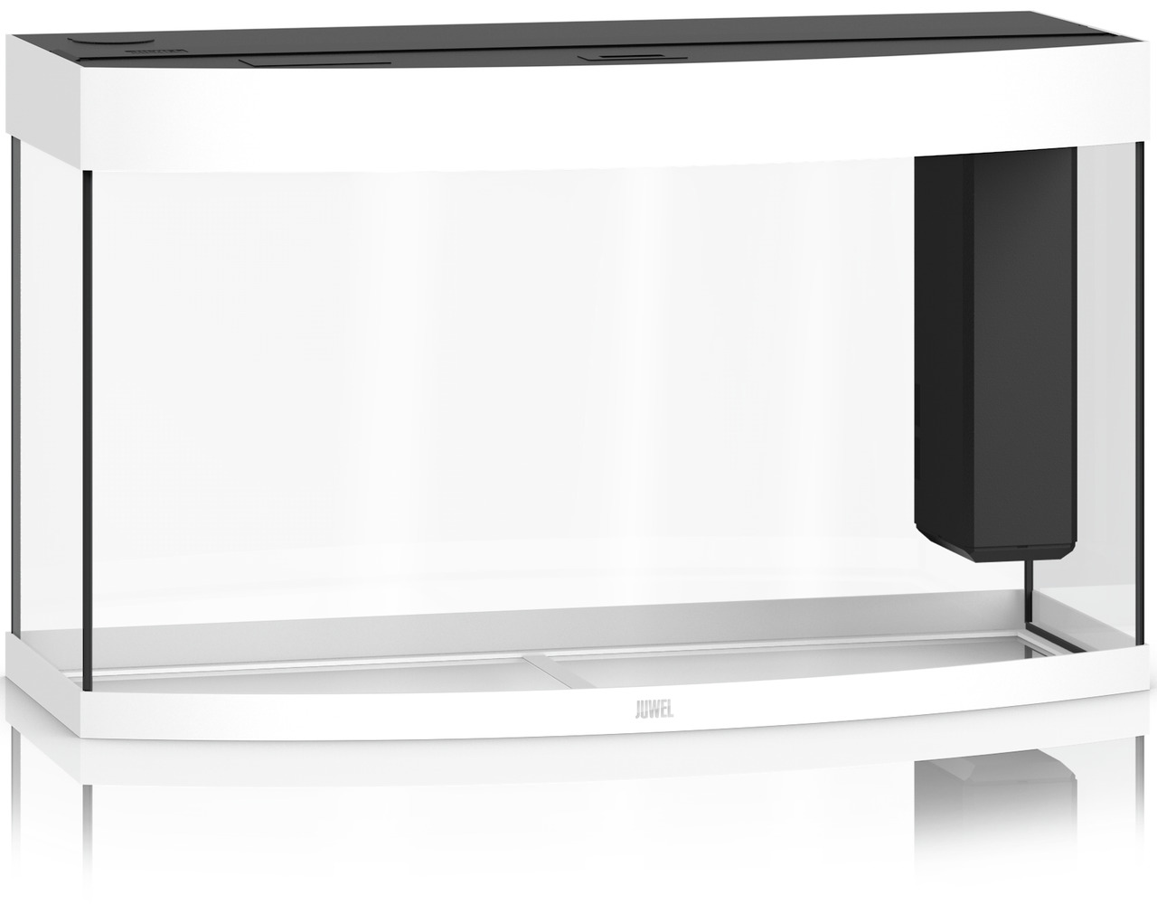 Das Bild zeigt ein JUWEL Vision 450 LED Aquarium in Weiß, ein hochwertiges Aquarium für Aquaristik-Enthusiasten. Es hat ein gebogenes Frontglas für eine optimale Sicht und ein modernes Design. Das Aquarium ist mit einem integrierten Filtersystem ausgestat