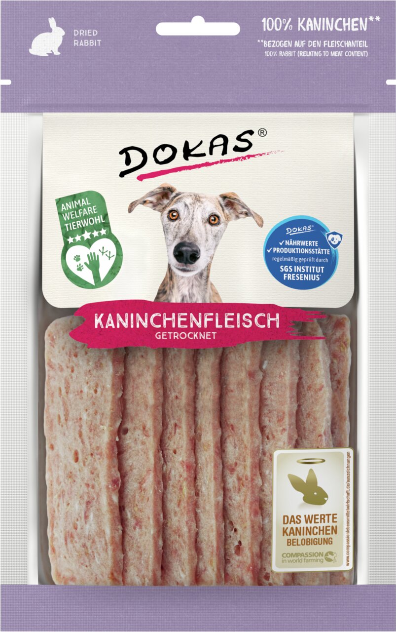 DOKAS Kaninchenfleisch getrocknet, Hundesnack aus 100 % Kaninchenfleisch, Tierwohl-Siegel, speziell für Hunde.